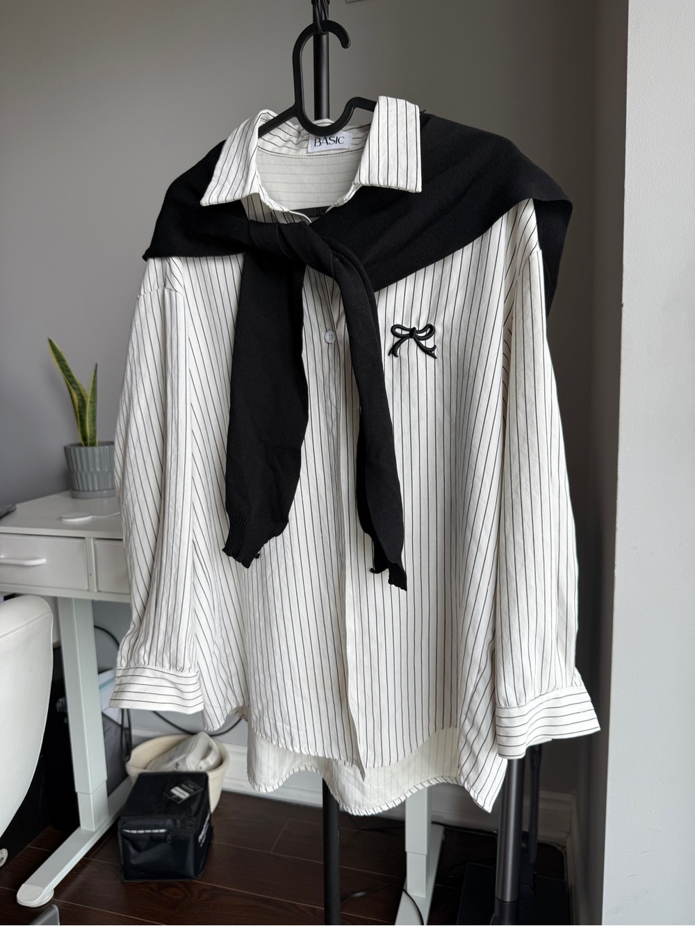 Basic Striped Button-Down Shirt with Black Sweater Accent